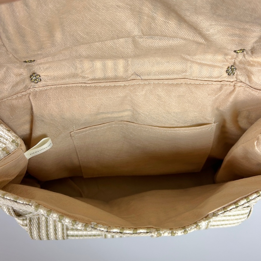 DEBENHAMS Woven‎ Summer Purse Neutral Cream Tan Wooden Handle Old Money Cruise - Picture 7 of 9